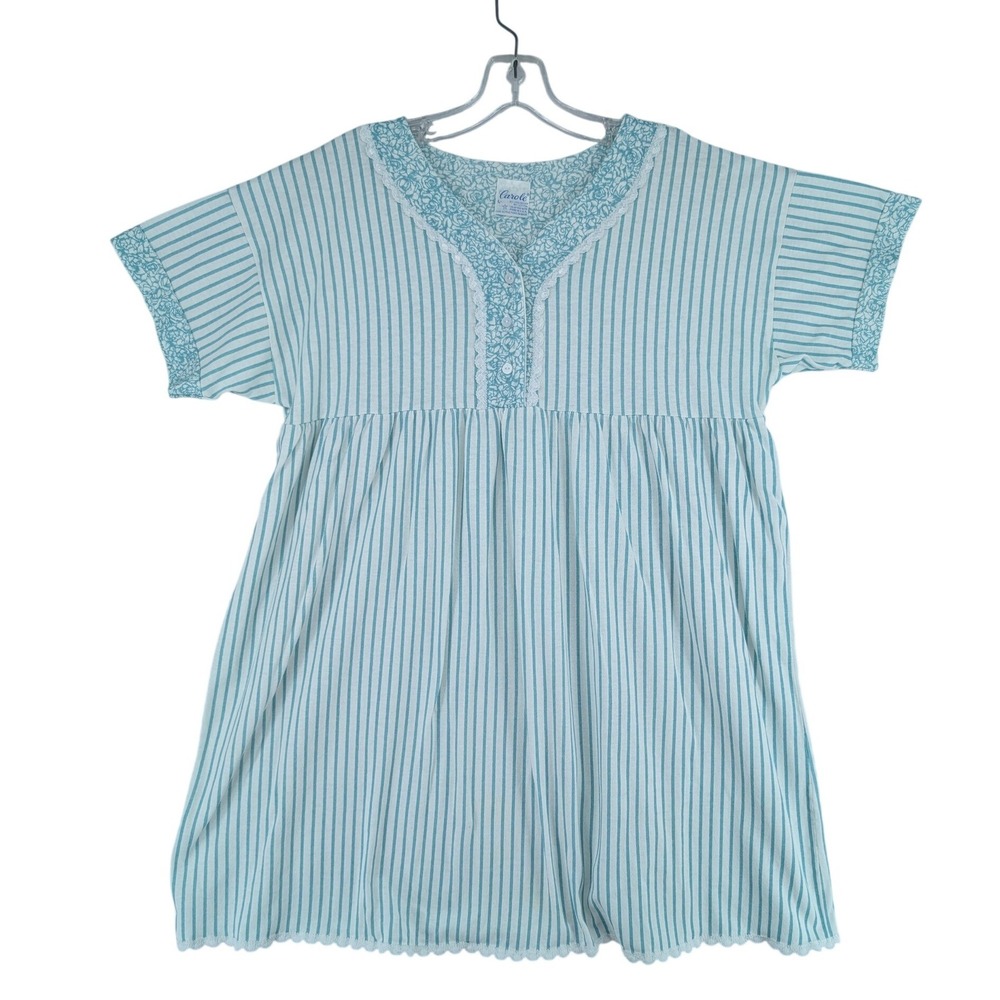Carole Nightgown L Blue Striped Floral & Lace Trim Made in USA Sleep Shirt Retro